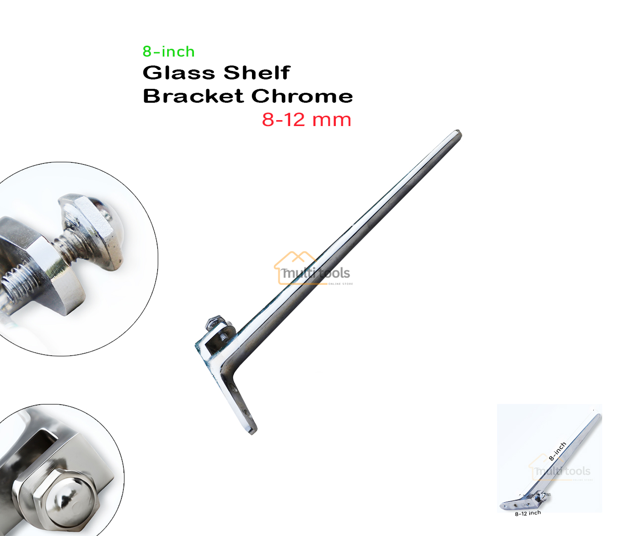 Glass Shelf Bracket Chrome 8-12mm (8 Inch)